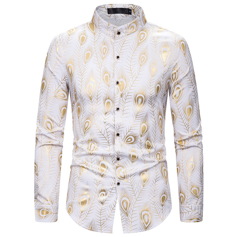 Men's Large Size Loose Trendy Ancient Long Sleeve Stand Collar Feather Bronzing Nightclub Casual Men Shirt