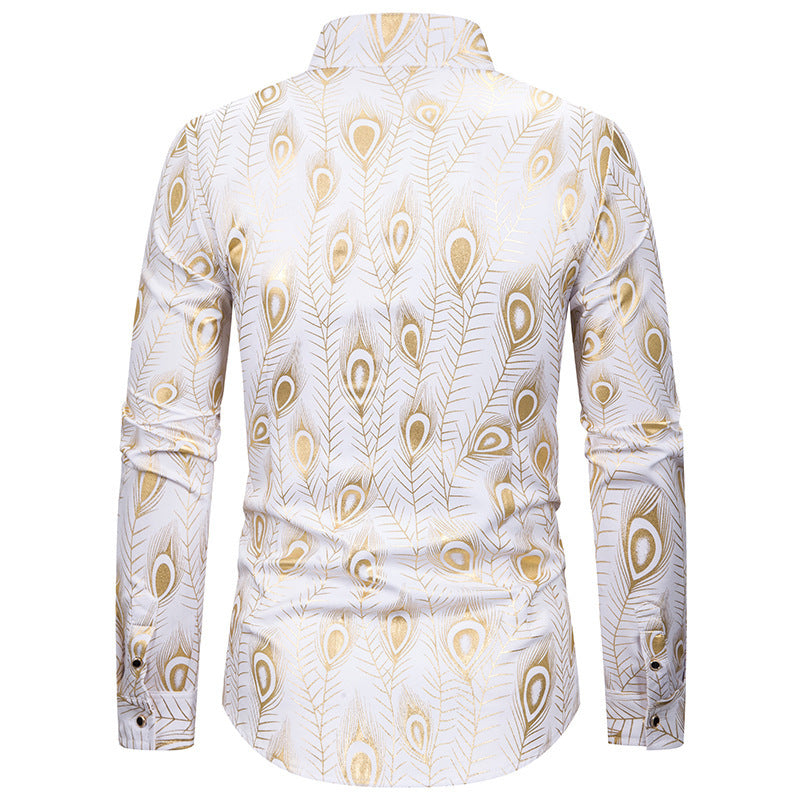 Men's Large Size Loose Trendy Ancient Long Sleeve Stand Collar Feather Bronzing Nightclub Casual Men Shirt