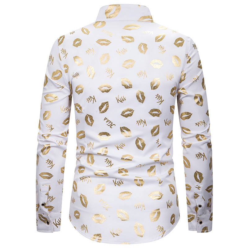 Men's Long-Sleeved Stand Collar Lip Gilding Nightclub Casual Men Shirt
