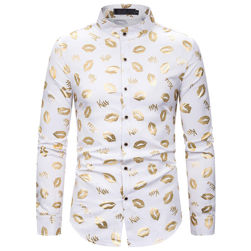 Men's Long-Sleeved Stand Collar Lip Gilding Nightclub Casual Men Shirt