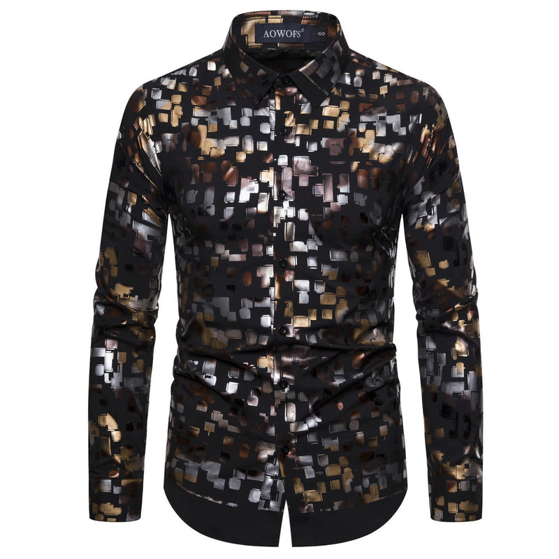 Spring and Summer Trendy Nightclub Flash Bronzing Stretch Men's Casual Long-Sleeved Men Shirt