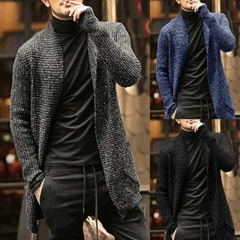 Men Long Sleeve Cardigan Trench Coat Sweater