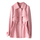 Hot Pink Motorcycle Jacket Mid-Length Casual Coat Spring Genuine Leather Clothes