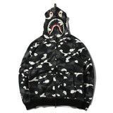 A Ape Print Hoodie Black and White Luminous Shark Coat Looped Fabric Hooded Shark Sweater Shark Embroidered Hoodie