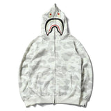 A Ape Print Hoodie Black and White Luminous Shark Coat Looped Fabric Hooded Shark Sweater Shark Embroidered Hoodie