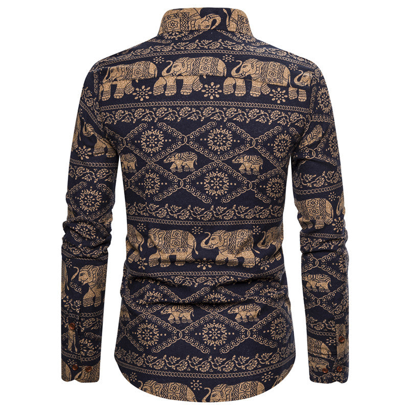 Color Printing Men's Casual Long Sleeve Fashion Slim Fit Retro Sports Male Men Shirt