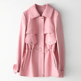 Hot Pink Motorcycle Jacket Mid-Length Casual Coat Spring Genuine Leather Clothes