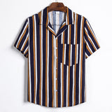 Men's Summer Men's Cotton and Linen Stripes Short-Sleeved Shirt Youth Fashion Casual Men's Shirt