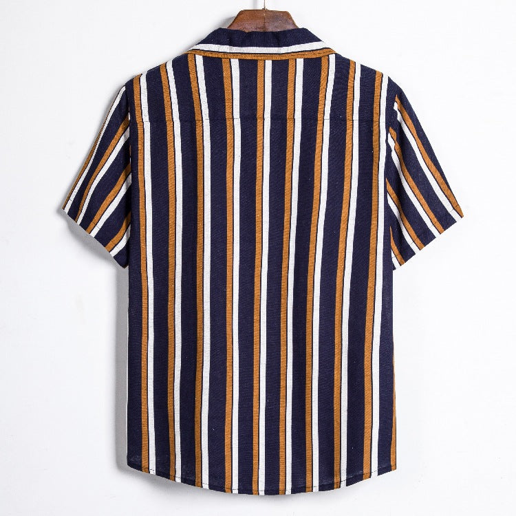 Men's Summer Men's Cotton and Linen Stripes Short-Sleeved Shirt Youth Fashion Casual Men's Shirt