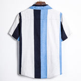 Men's Cotton and Linen Stripes Short Sleeve plus Size Retro Sports Youth Fashion Trends Casual Men Shirt