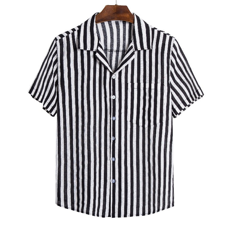 Men's Cotton and Linen Stripes Short Sleeve plus Size Retro Sports Youth Fashion Trends Casual Men Shirt