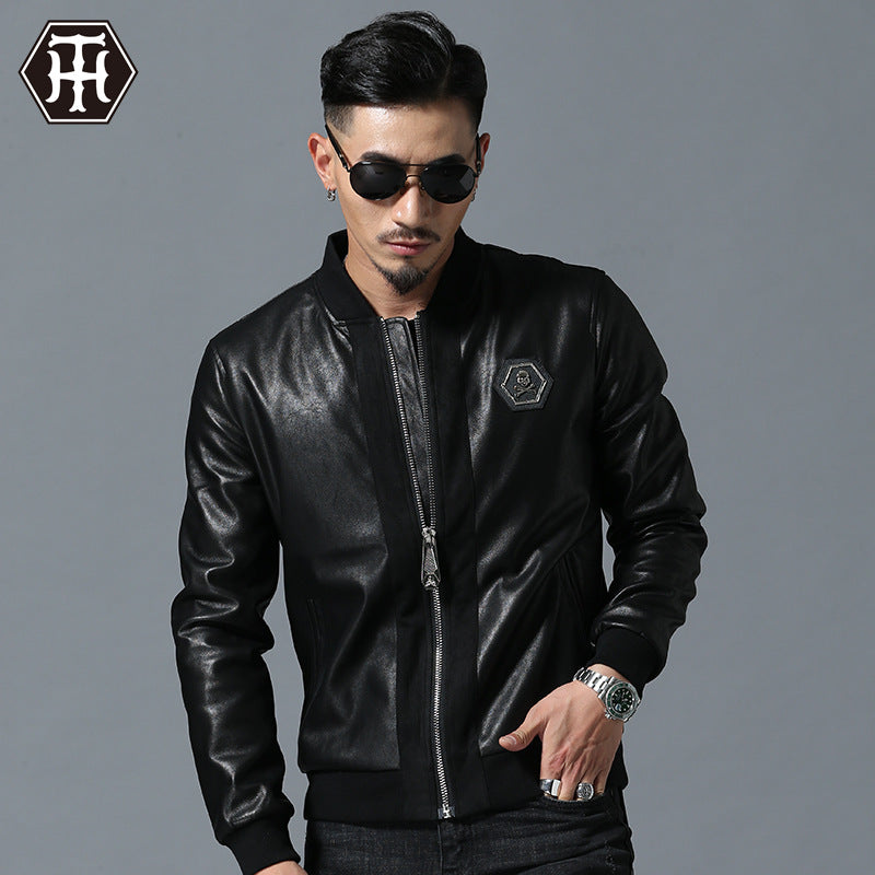 Men's Skull Embroidery Leather Thick Baseball Collar Leather Imitation Leather Motorcycle Leather Coat Men's Pu Jacket