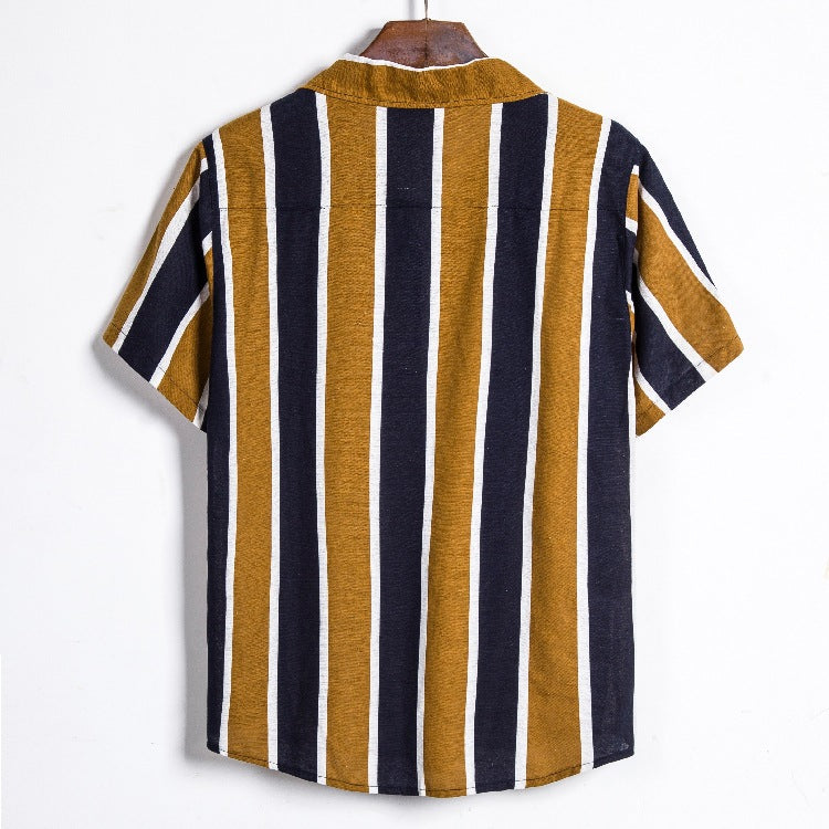 Summer Men's Loose Cotton and Linen Stripes Short-Sleeved Casual Shirt Men Shirt