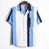 Men's Cotton and Linen Stripes Short Sleeve plus Size Retro Sports Youth Fashion Trends Casual Men Shirt