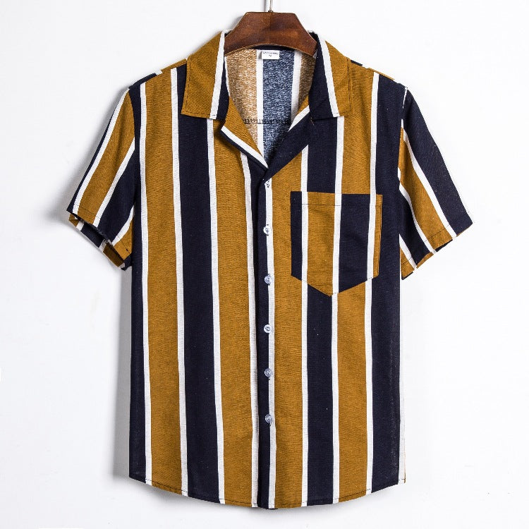 Summer Men's Loose Cotton and Linen Stripes Short-Sleeved Casual Shirt Men Shirt