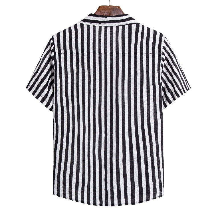 Men's Cotton and Linen Stripes Short Sleeve plus Size Retro Sports Youth Fashion Trends Casual Men Shirt