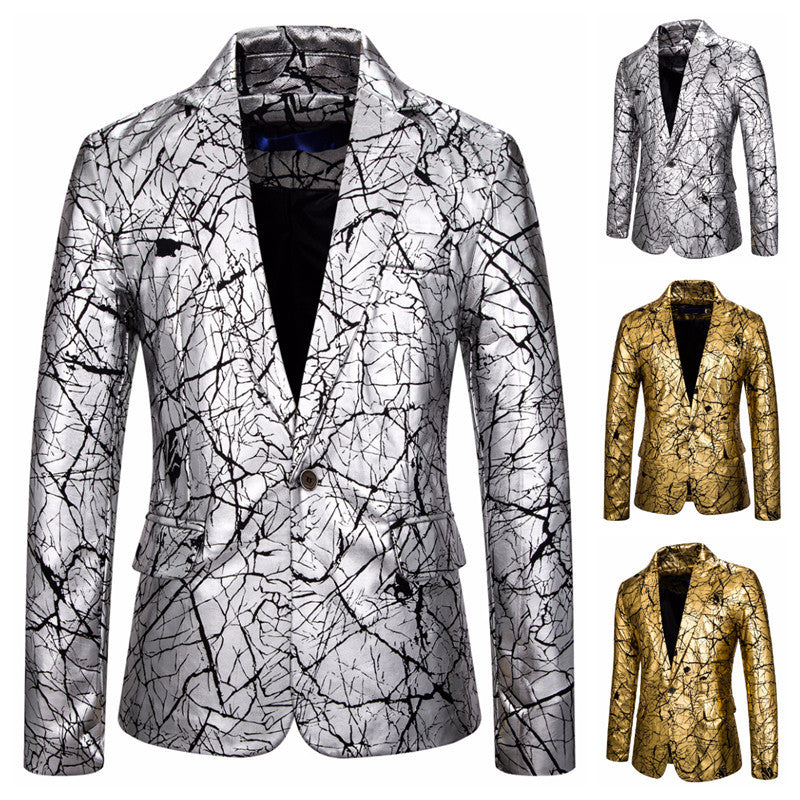 Men's Clothing One-Button Suit Bronzing Crack Print Suit Men's Slim Dress Fashion Costumes Trend Men Suits Jacket Men Blzer