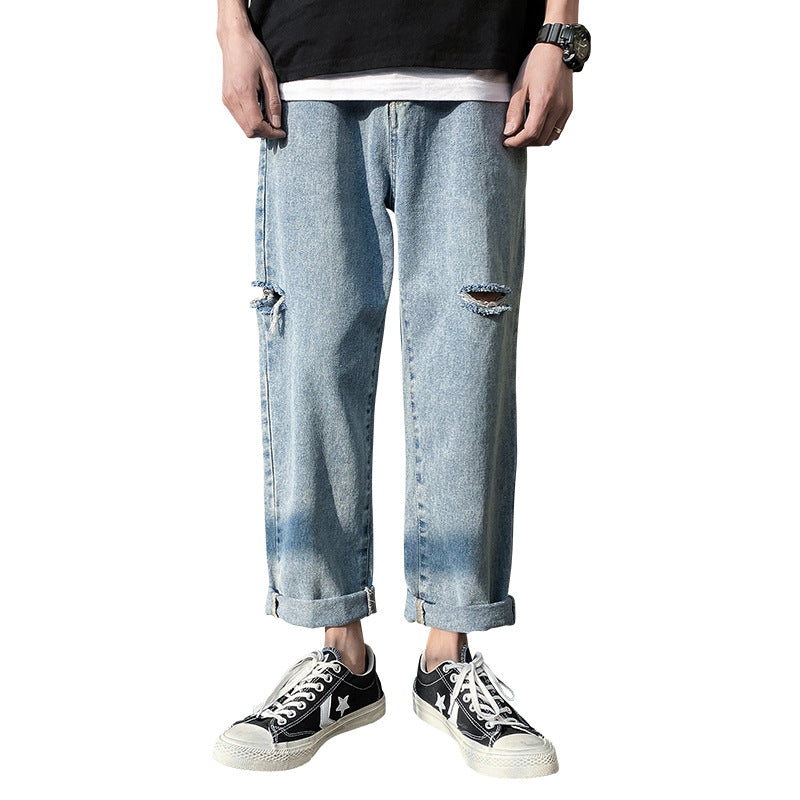 Men's Loose Casual Cropped Pants Wide-Leg Straight Trousers Loose Straight Men Pant