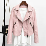 Hot Pink Motorcycle Jacket Women's Leather Coat Short Spring and Autumn Lapel PU Leather Washed Leather Jacket
