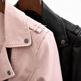 Hot Pink Motorcycle Jacket Women's Leather Coat Short Spring and Autumn Lapel PU Leather Washed Leather Jacket