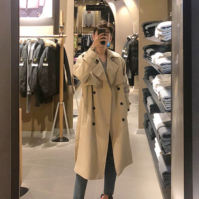 Men's Trench Coat Fall plus Size Retro Men's Mid-Length Loose over Knee Trendy All-Match Coat Coat Men Spring Trench Coat