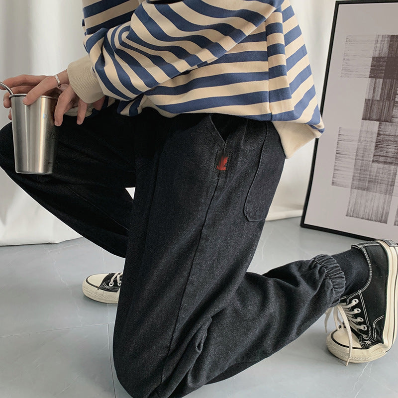 Summer Solid Color Cropped Jeans Large Size Sports Loose Straight Casual Pants Trousers Men's Men's Jeans