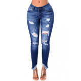 100 Cotton Jeans Women Ankle-Length Slim-Fit Hip Lifting Ripped Low Waist Jeans