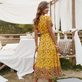 Russian Style Dress Summer Bohemian Style Light Yellow Floral Long Dress