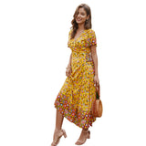 Russian Style Dress Summer Bohemian Style Light Yellow Floral Long Dress