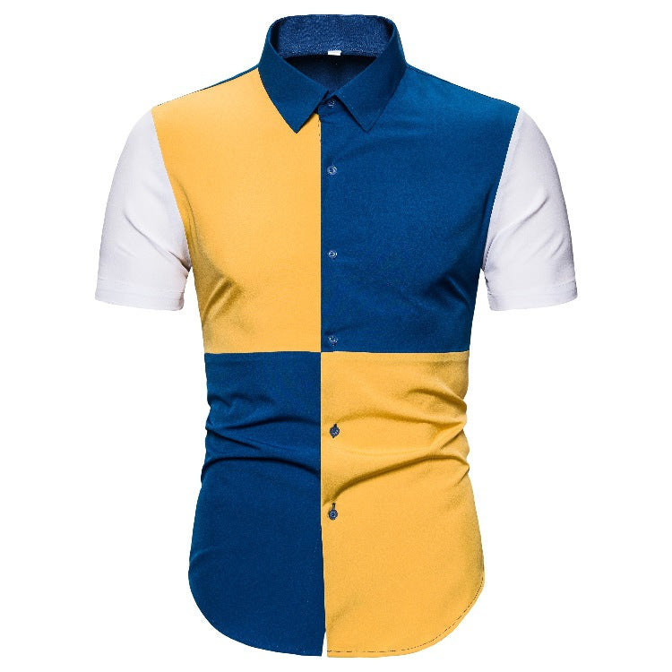 Men's Slim Fit Fashion Colorblock Short Sleeve Business Casual plus Size Retro Sports Men Shirt