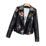 Women Leather Jacket with Patches Rivet Embroidery Floral Pattern Heavy Industry PU Leather Jacket Turn-down Collar Coat