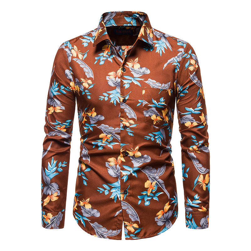 Men's Hawaiian Print plus Size Retro Sports Long-Sleeve Blouse Youth Fashion Trends Casual Men Shirt