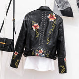 Women Leather Jacket with Patches Rivet Embroidery Floral Pattern Heavy Industry PU Leather Jacket Turn-down Collar Coat