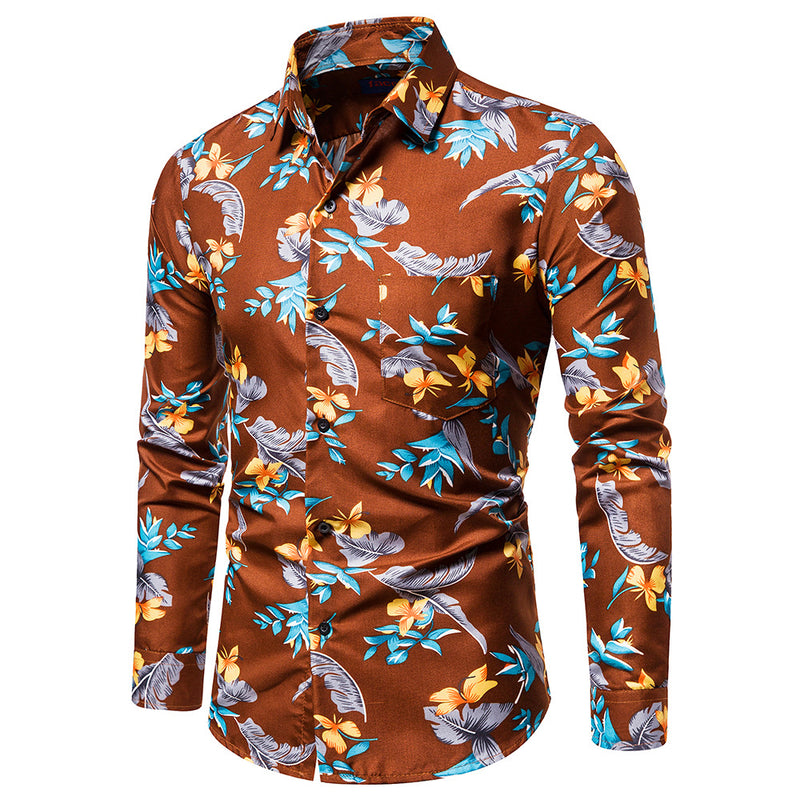 Men's Hawaiian Print plus Size Retro Sports Long-Sleeve Blouse Youth Fashion Trends Casual Men Shirt