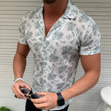 Men's Slim Print Short Sleeve Fashion Casual Flower plus Size Retro Sports Men Shirt