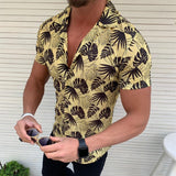 Men's Slim Print Short Sleeve Fashion Casual plus Size Retro Sports Men Shirt