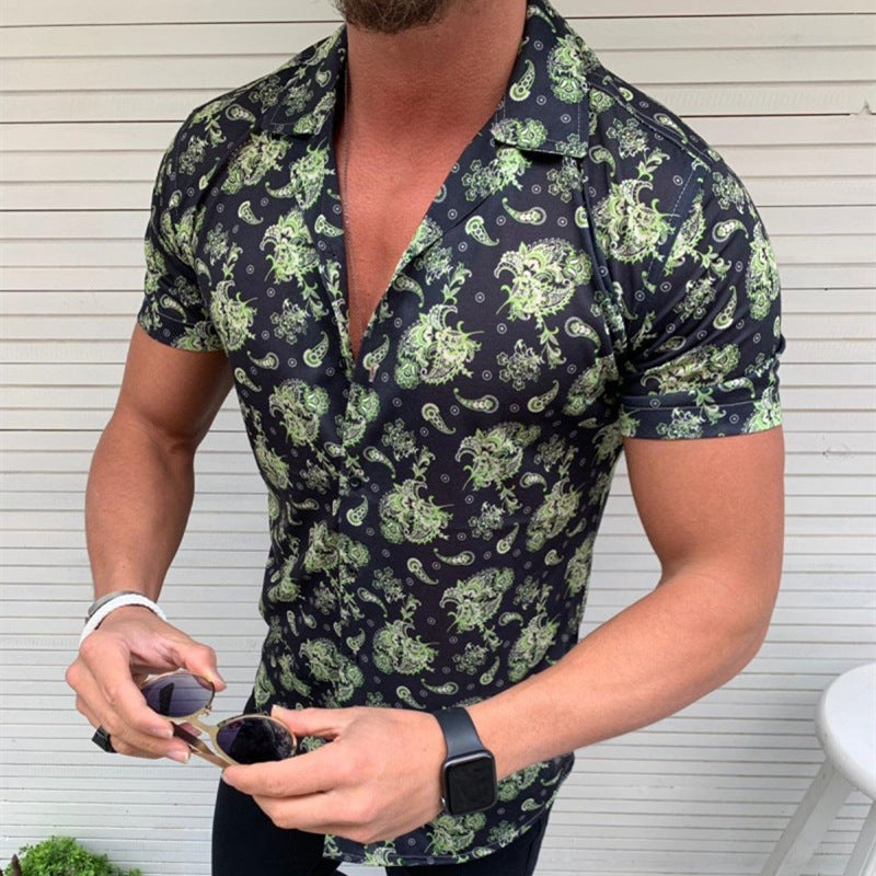 Men's Slim Print Short Sleeve Fashion Casual Flower plus Size Retro Sports Men Shirt