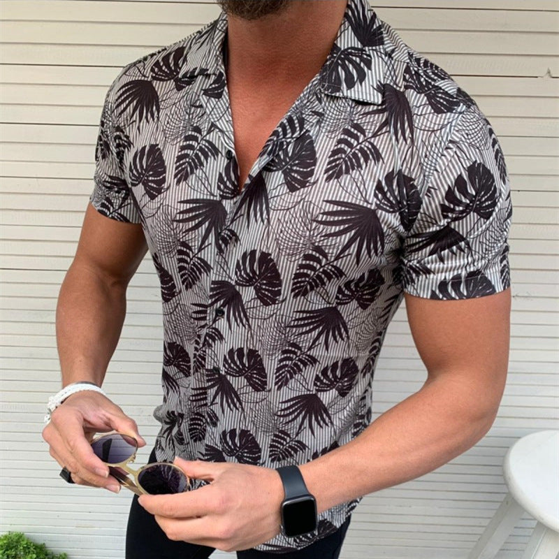 Men's Slim Print Short Sleeve Fashion Casual plus Size Retro Sports Men Shirt