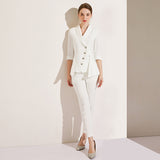 Women Pants Suit Uniform Designs Formal Style Office Lady Bussiness Attire White Autumn Fashion Mid-Sleeve Suit Suit Top Two-Piece Set Women