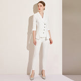 Women Pants Suit Uniform Designs Formal Style Office Lady Bussiness Attire White Autumn Fashion Mid-Sleeve Suit Suit Top Two-Piece Set Women