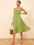 Green Fairycore Dress Holiday Summer Hours Fashion Suspenders Small Floral Sleeveless High Waist Sexy Dress
