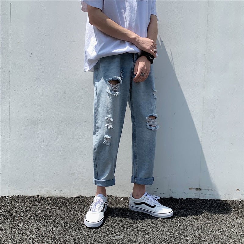 Summer Jeans Men's Loose Straight plus Size Casual Retro Sports Cropped Pants Trousers Men's Men's Jeans