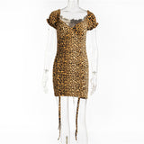 Drawstring Tight Sexy Low-Cut Square Collar Leopard Print Dress