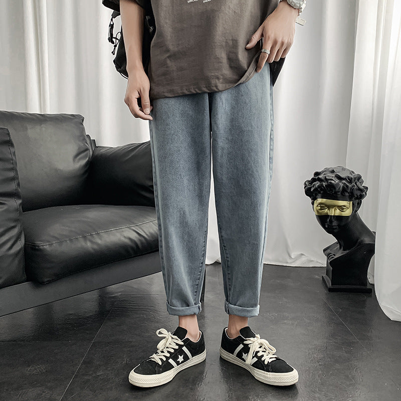 Summer Solid Color Cropped Jeans Men's Large Size Sports Loose Retro Straight Casual Pants Men Jeans