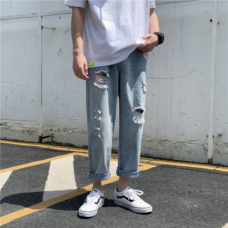 Summer Jeans Men's Loose Straight plus Size Casual Retro Sports Cropped Pants Trousers Men's Men's Jeans