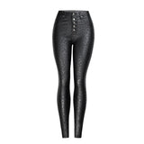 Black Leather Pants High Waist Leopard-Print Coating Skinny Pants Women