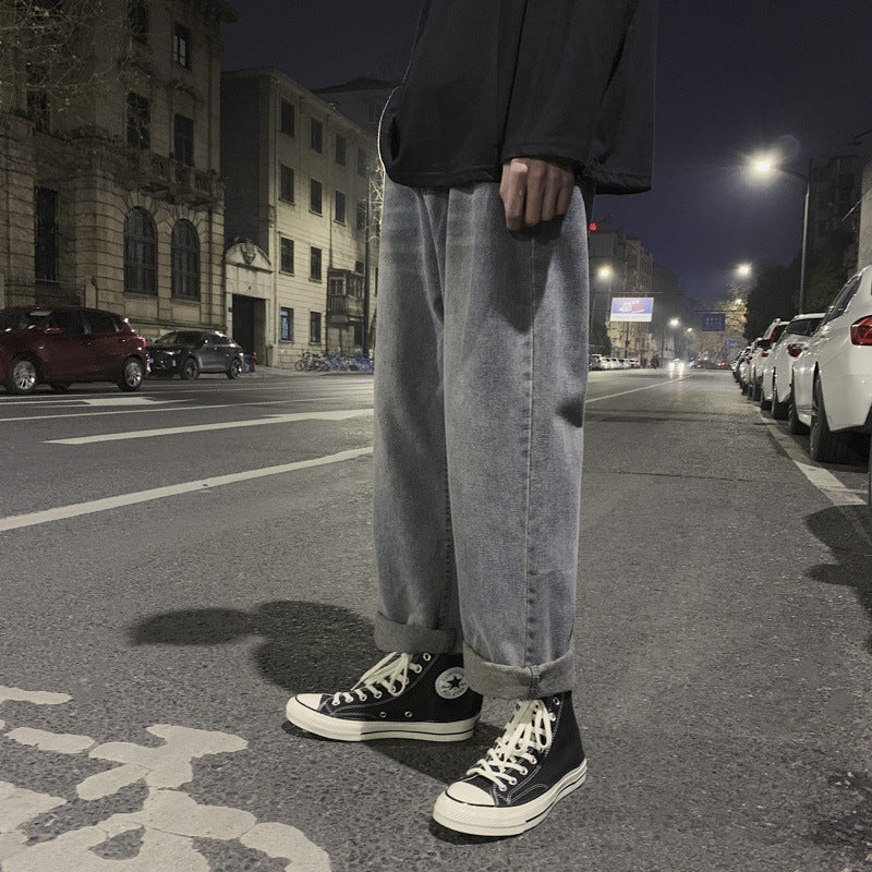 Spring and Summer Men's Cropped Loose Straight Jeans Men's Casual Large Size Retro Sports Trousers Men Jeans