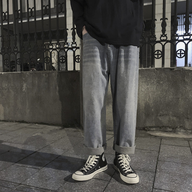 Spring and Summer Men's Cropped Loose Straight Jeans Men's Casual Large Size Retro Sports Trousers Men Jeans