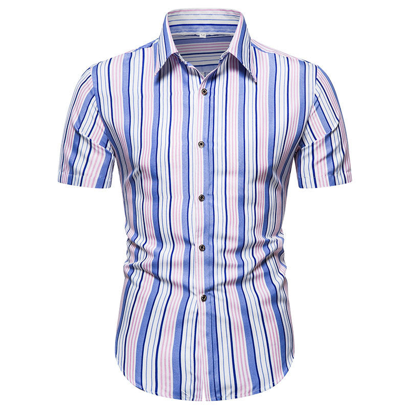 Summer Slim-Fit Striped Short Sleeves Retro Sports plus Size Fashion Casual Men Shirt
