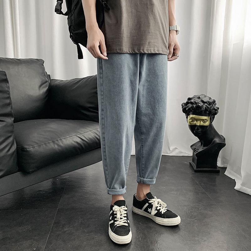 Summer Solid Color Cropped Jeans Men's Large Size Sports Loose Retro Straight Casual Pants Men Jeans